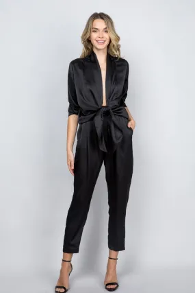 * SATIN OPEN FRONT JUMPSUIT BLACK
