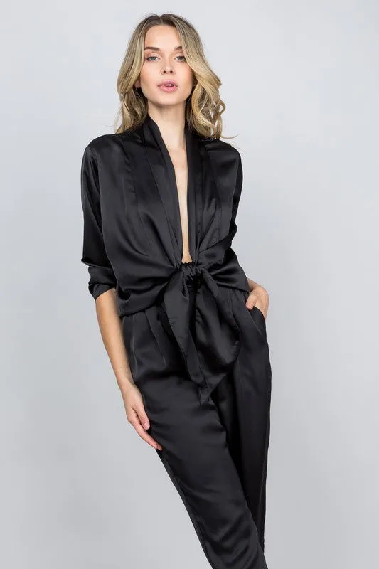 * SATIN OPEN FRONT JUMPSUIT BLACK