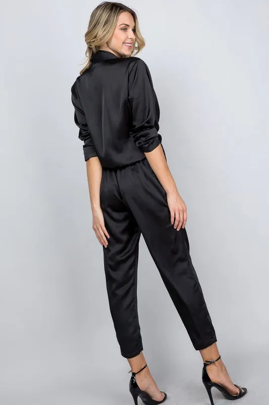 * SATIN OPEN FRONT JUMPSUIT BLACK