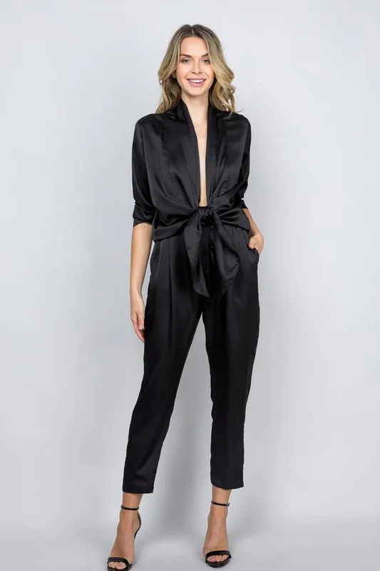 * SATIN OPEN FRONT JUMPSUIT BLACK