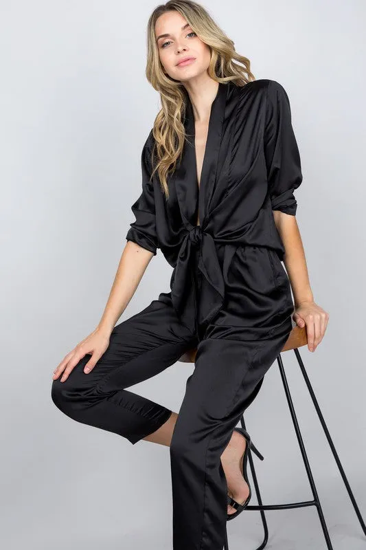 * SATIN OPEN FRONT JUMPSUIT BLACK