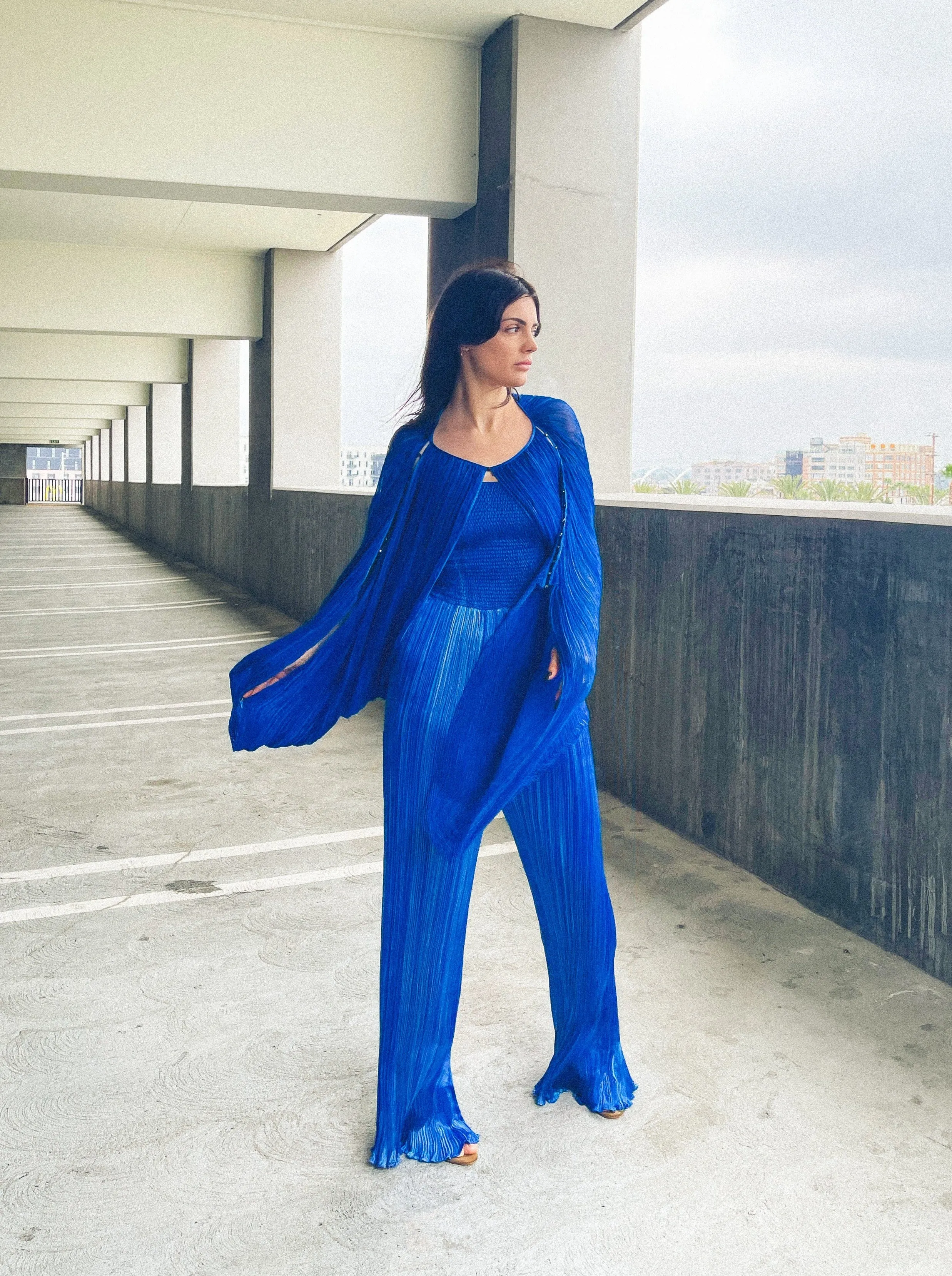1980s Ian & Marcel Deep Teal Plisse Pleat Jumpsuit Ensemble