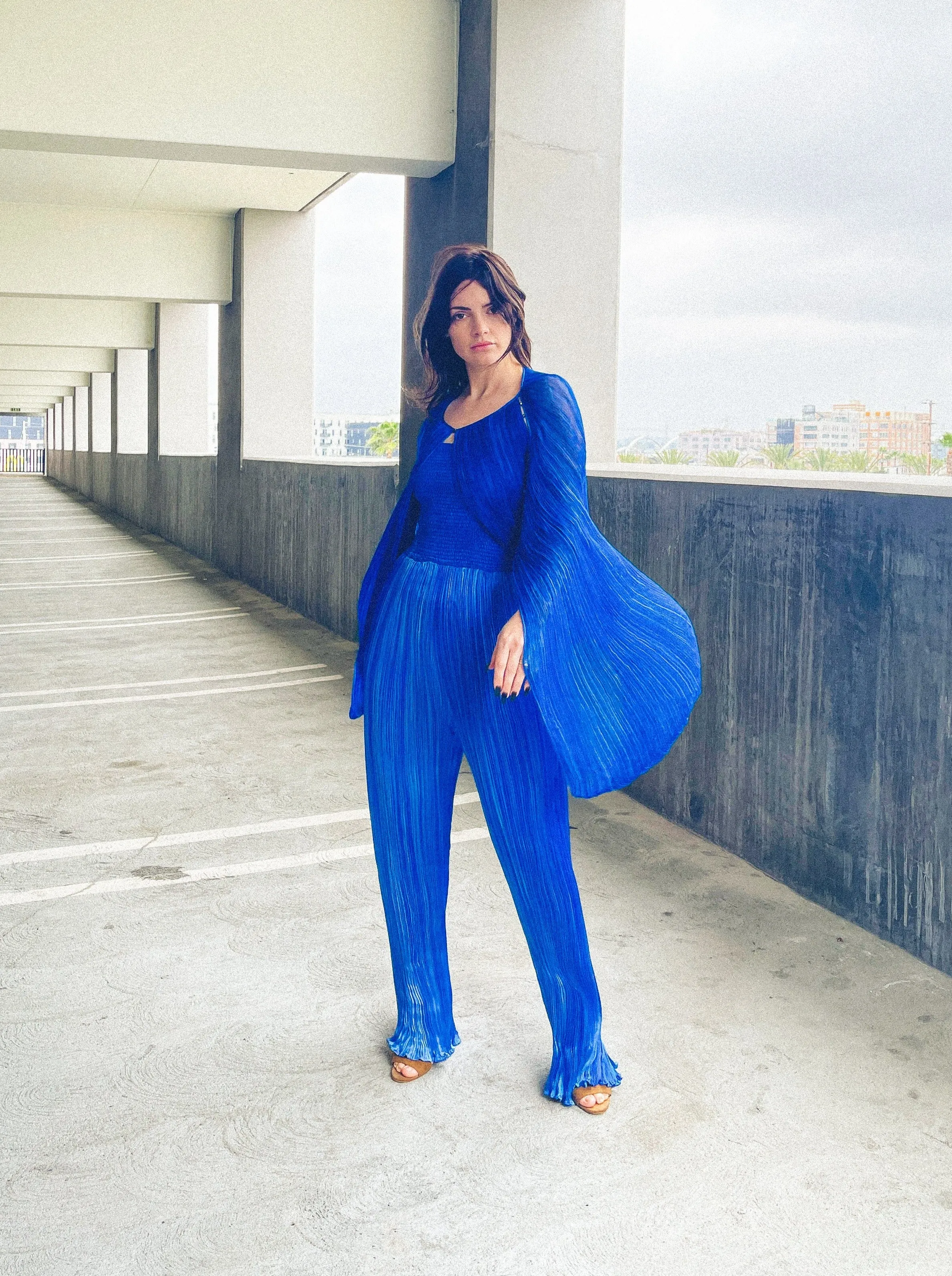 1980s Ian & Marcel Deep Teal Plisse Pleat Jumpsuit Ensemble