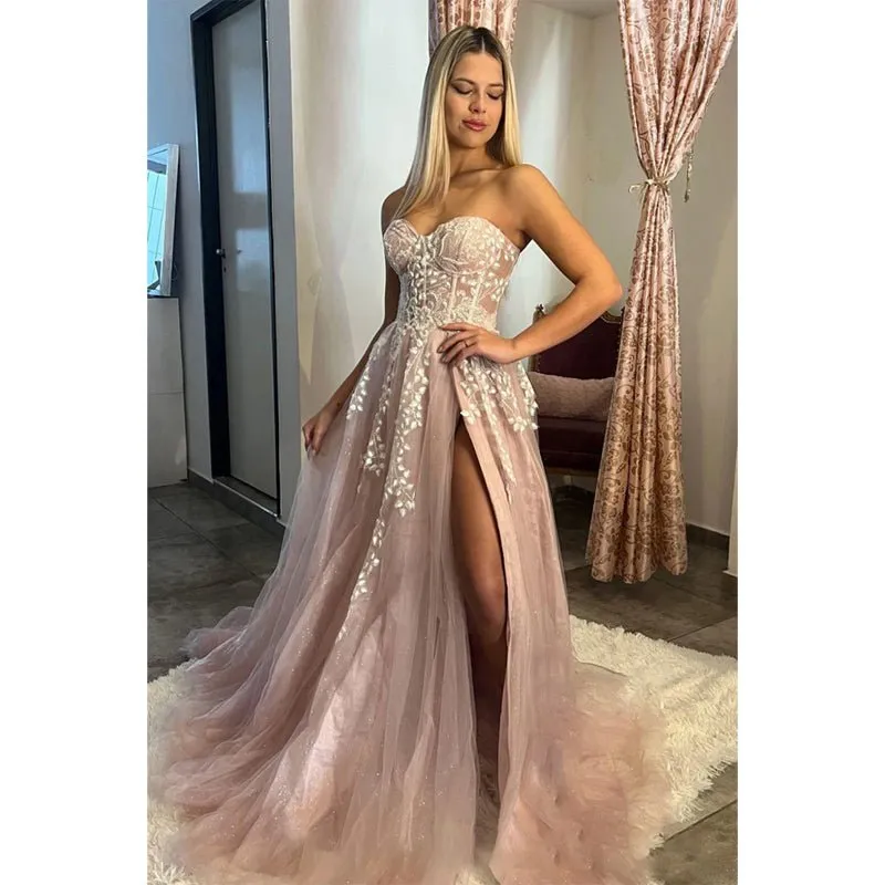 A-line Sweetheart Lace Appliques Pink Long Prom Dress