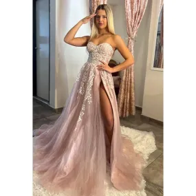 A-line Sweetheart Lace Appliques Pink Long Prom Dress