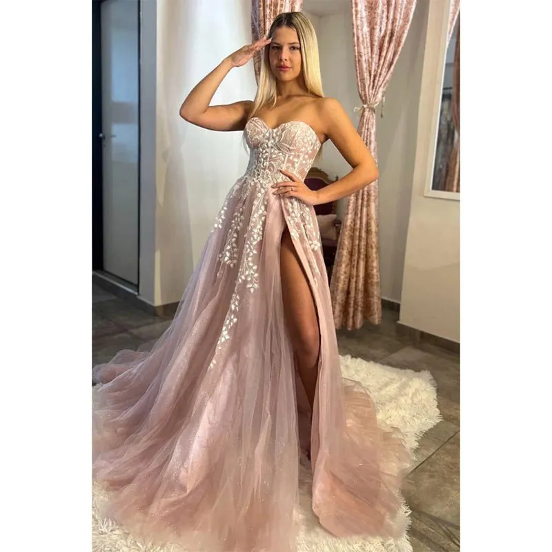 A-line Sweetheart Lace Appliques Pink Long Prom Dress