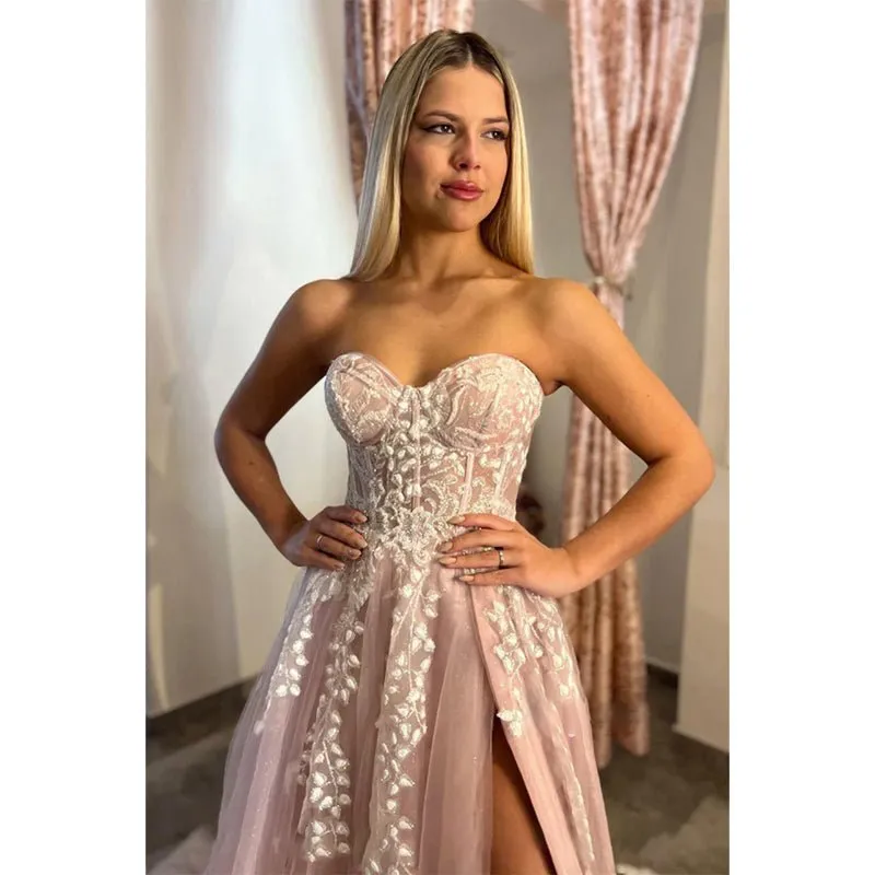 A-line Sweetheart Lace Appliques Pink Long Prom Dress