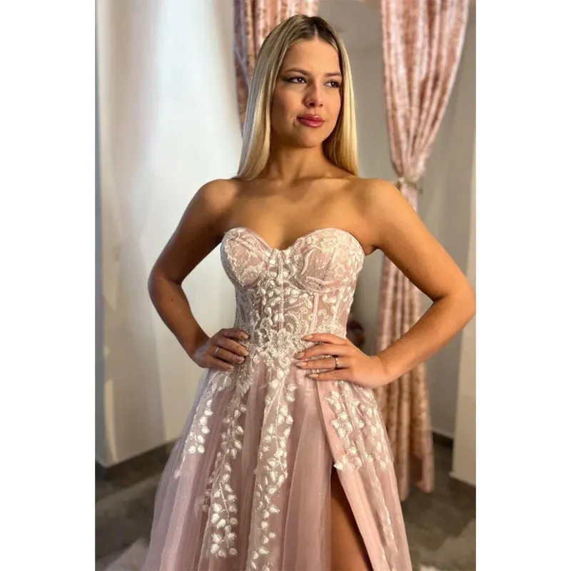 A-line Sweetheart Lace Appliques Pink Long Prom Dress