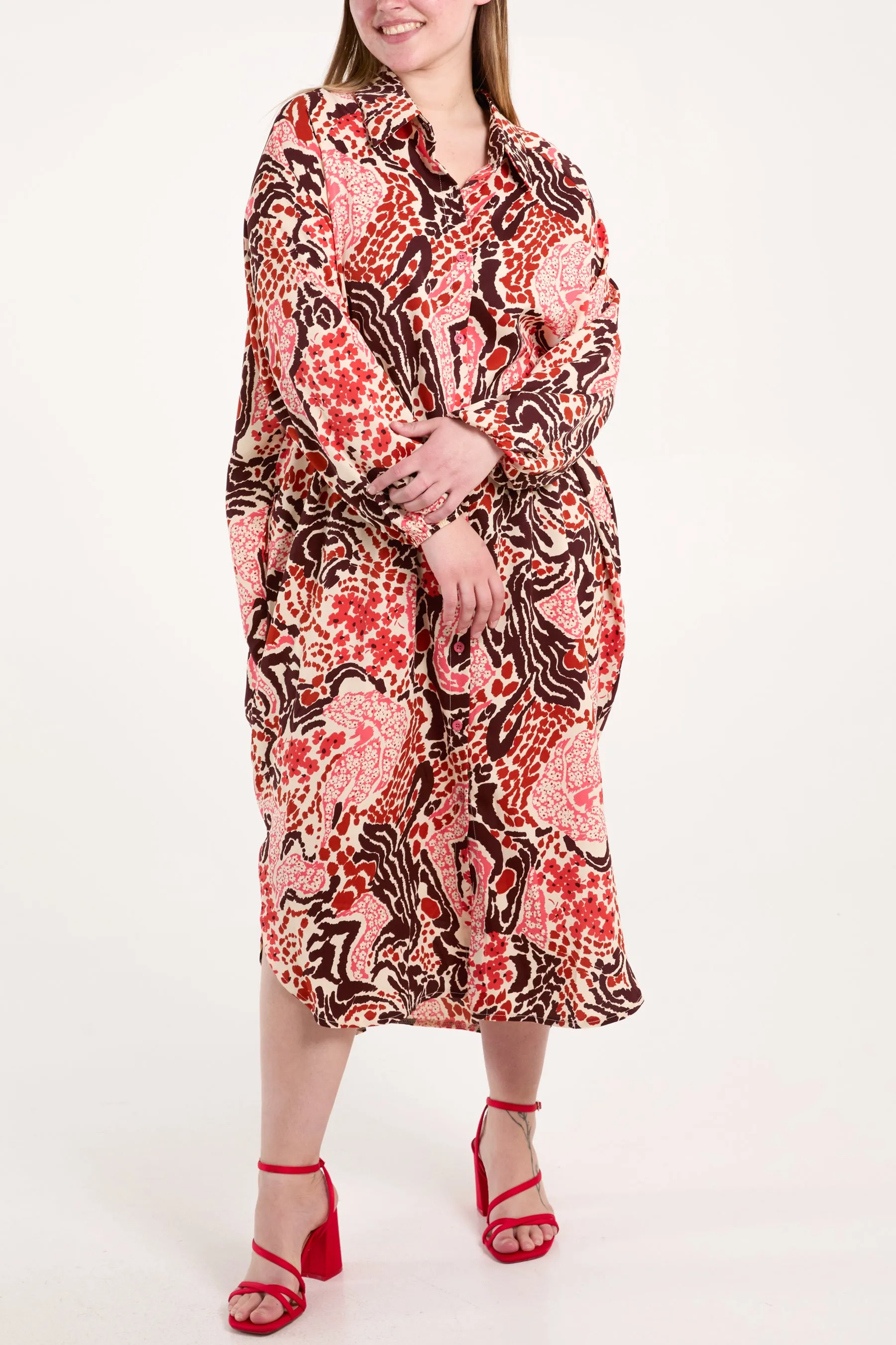 Abstract Floral Print Button Oversized Dress
