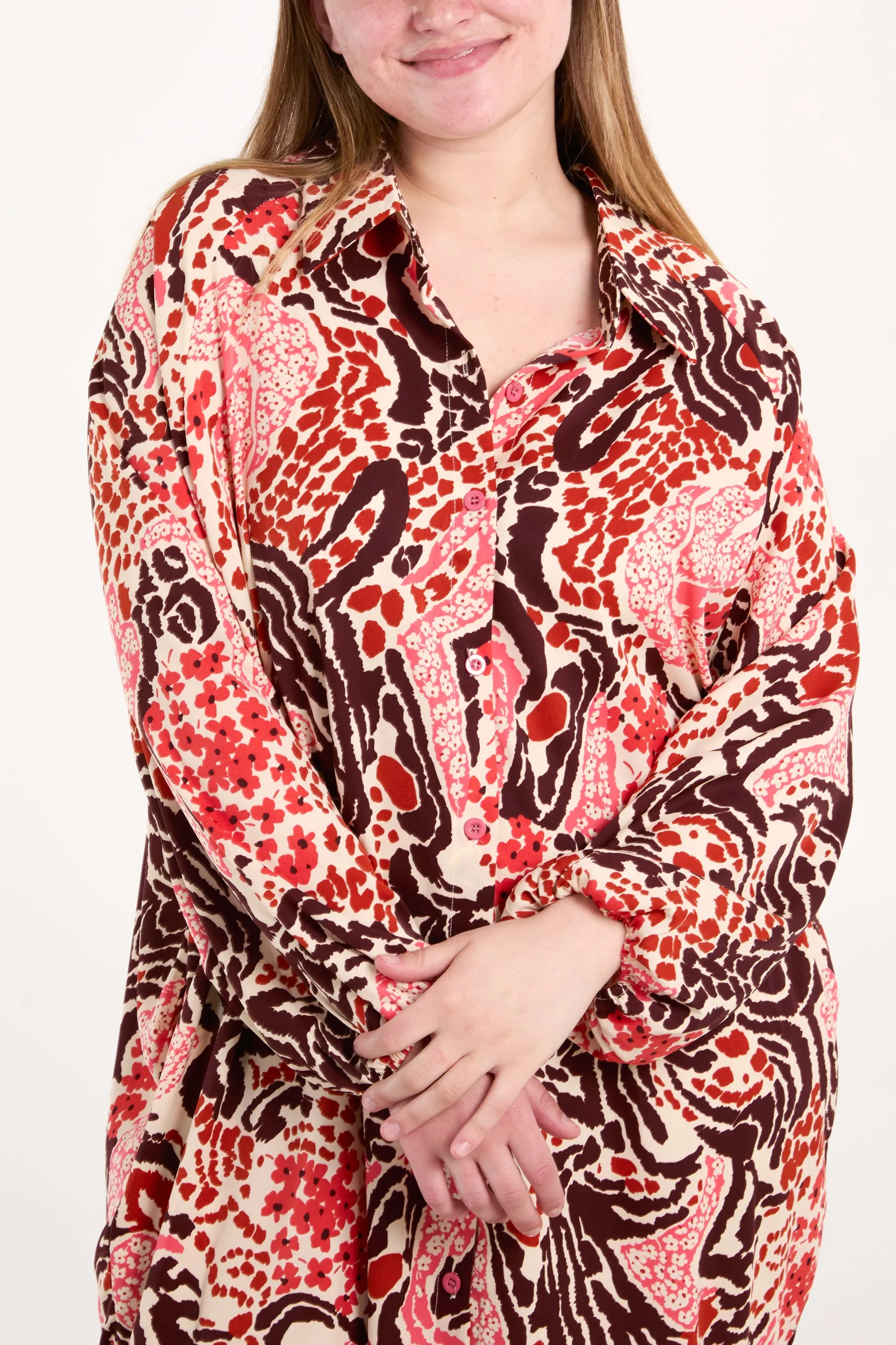 Abstract Floral Print Button Oversized Dress