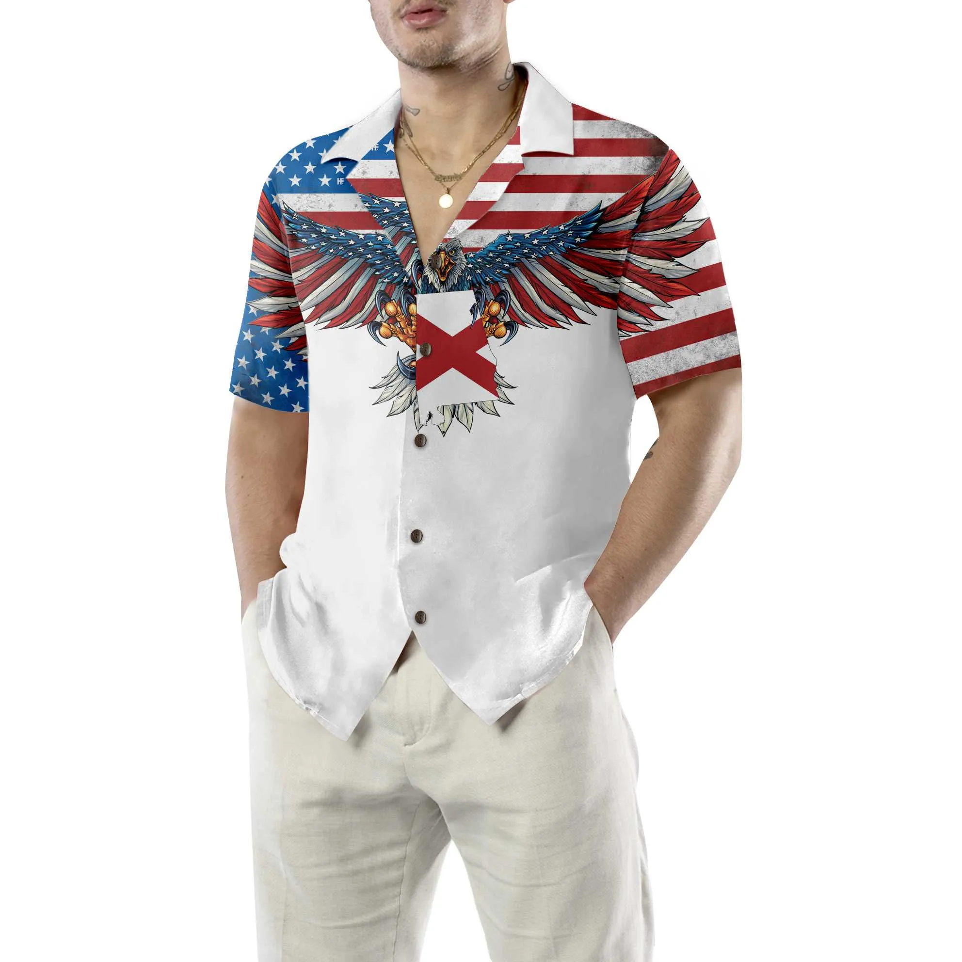 Alabama State And American Eagle Hawaiian Shirt, Unique Alabama Shirt, Alabama Collared Shirt For Adults