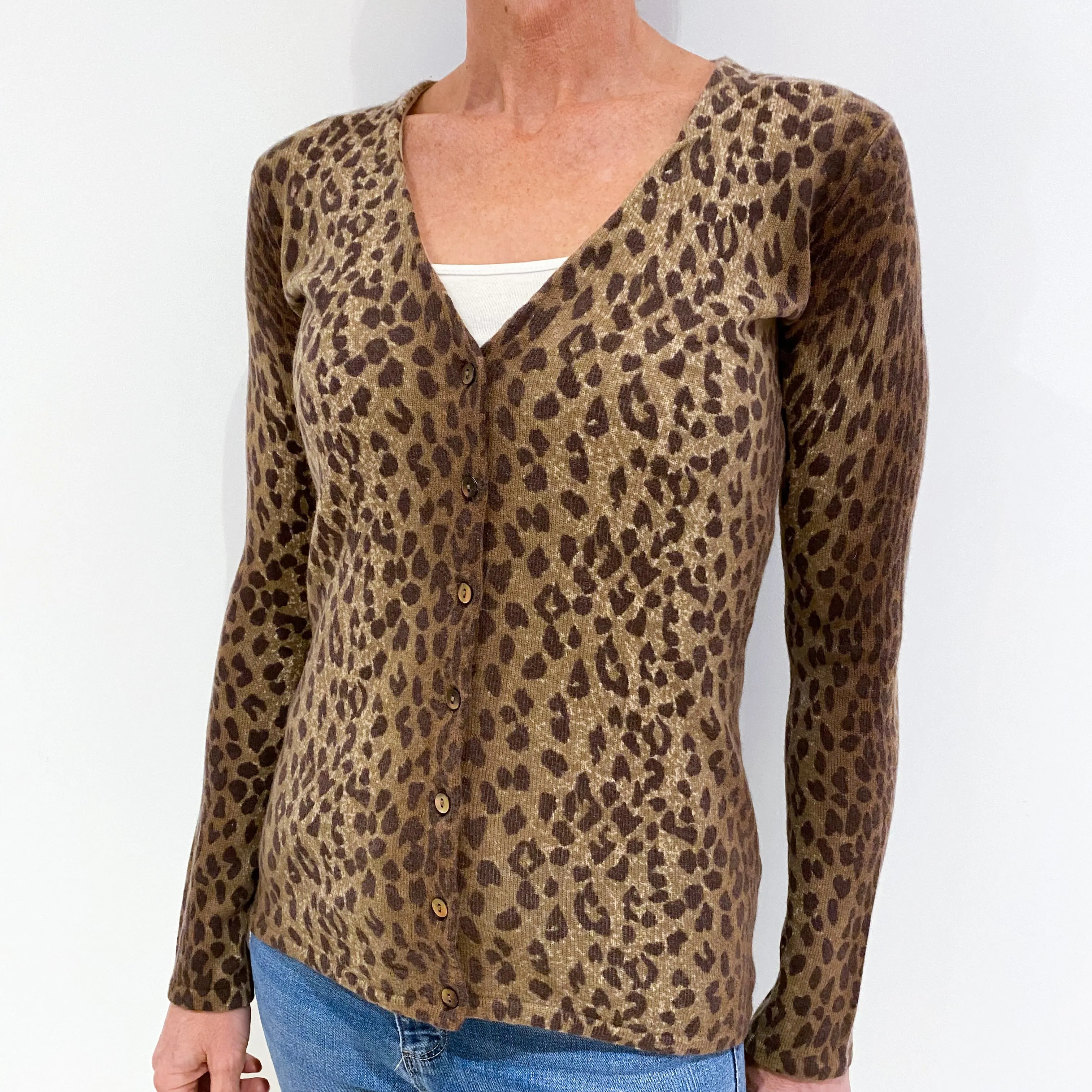 Animal Print Cashmere Deep V-Neck Cardigan Small