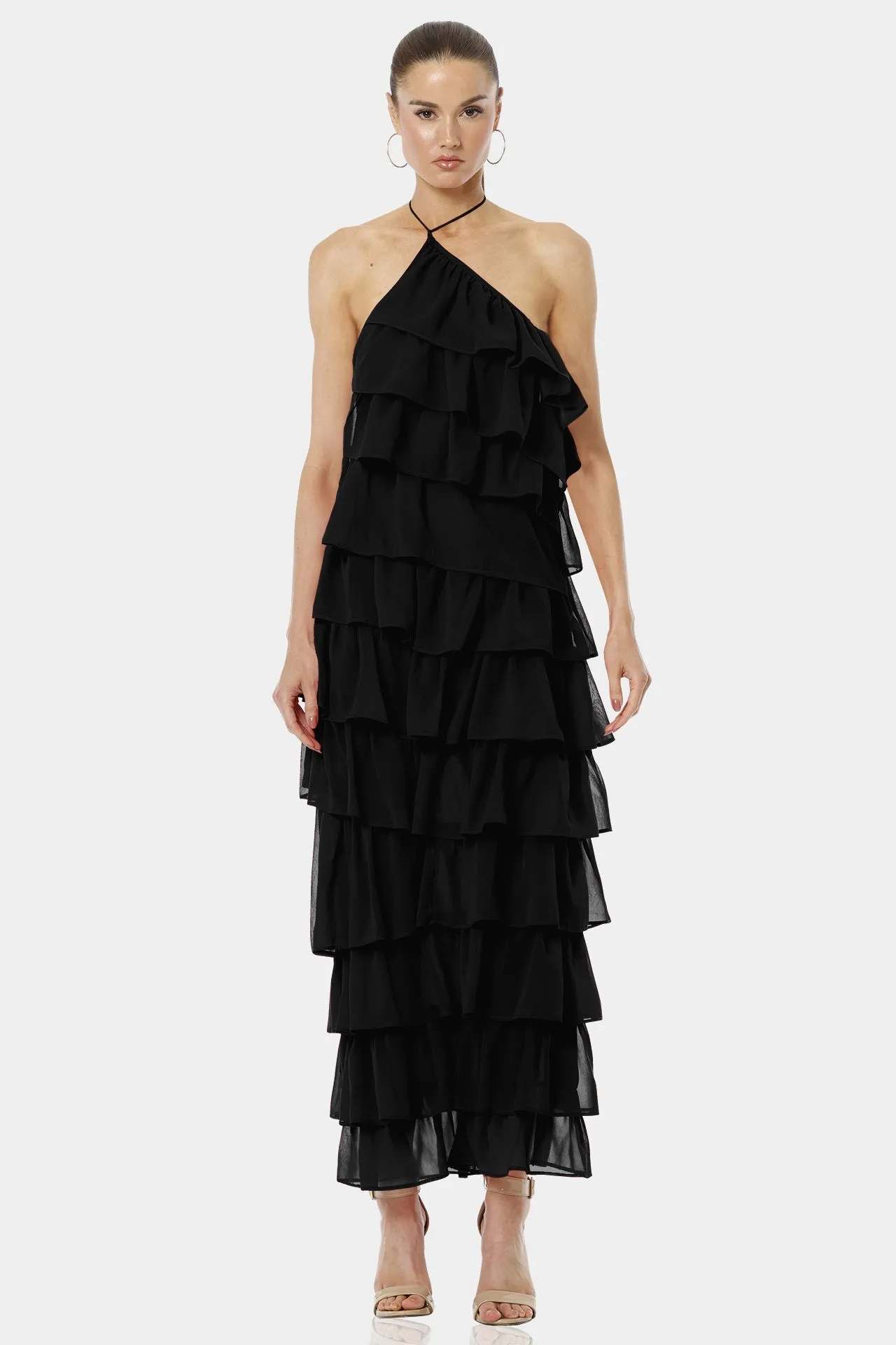 Atalanta Black Long Backless Tiered Ruffle Dress