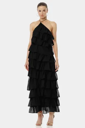 Atalanta Black Long Backless Tiered Ruffle Dress