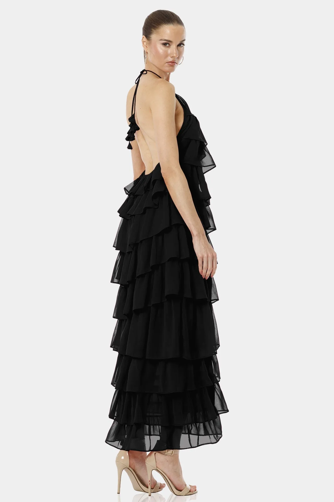 Atalanta Black Long Backless Tiered Ruffle Dress