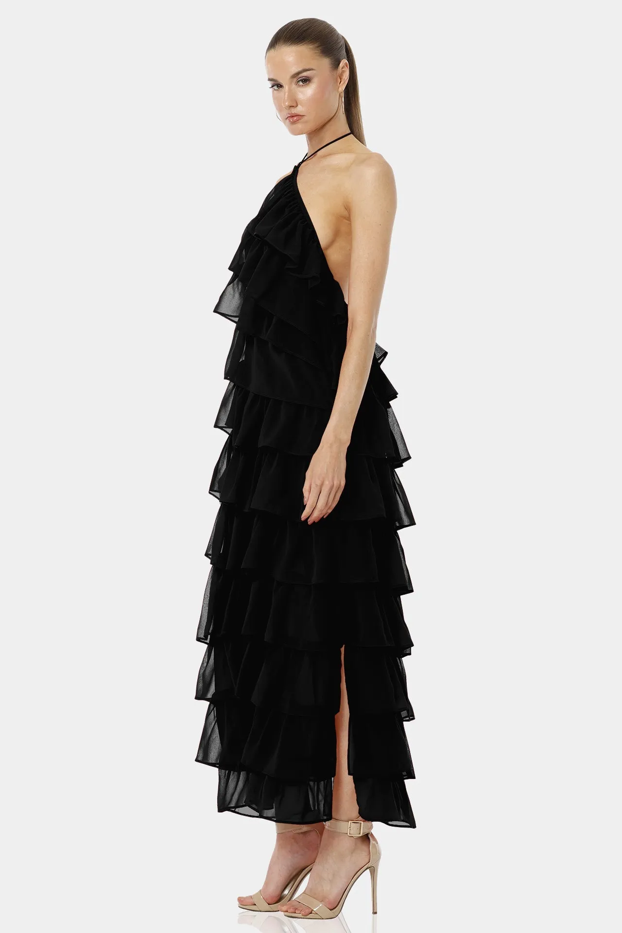 Atalanta Black Long Backless Tiered Ruffle Dress
