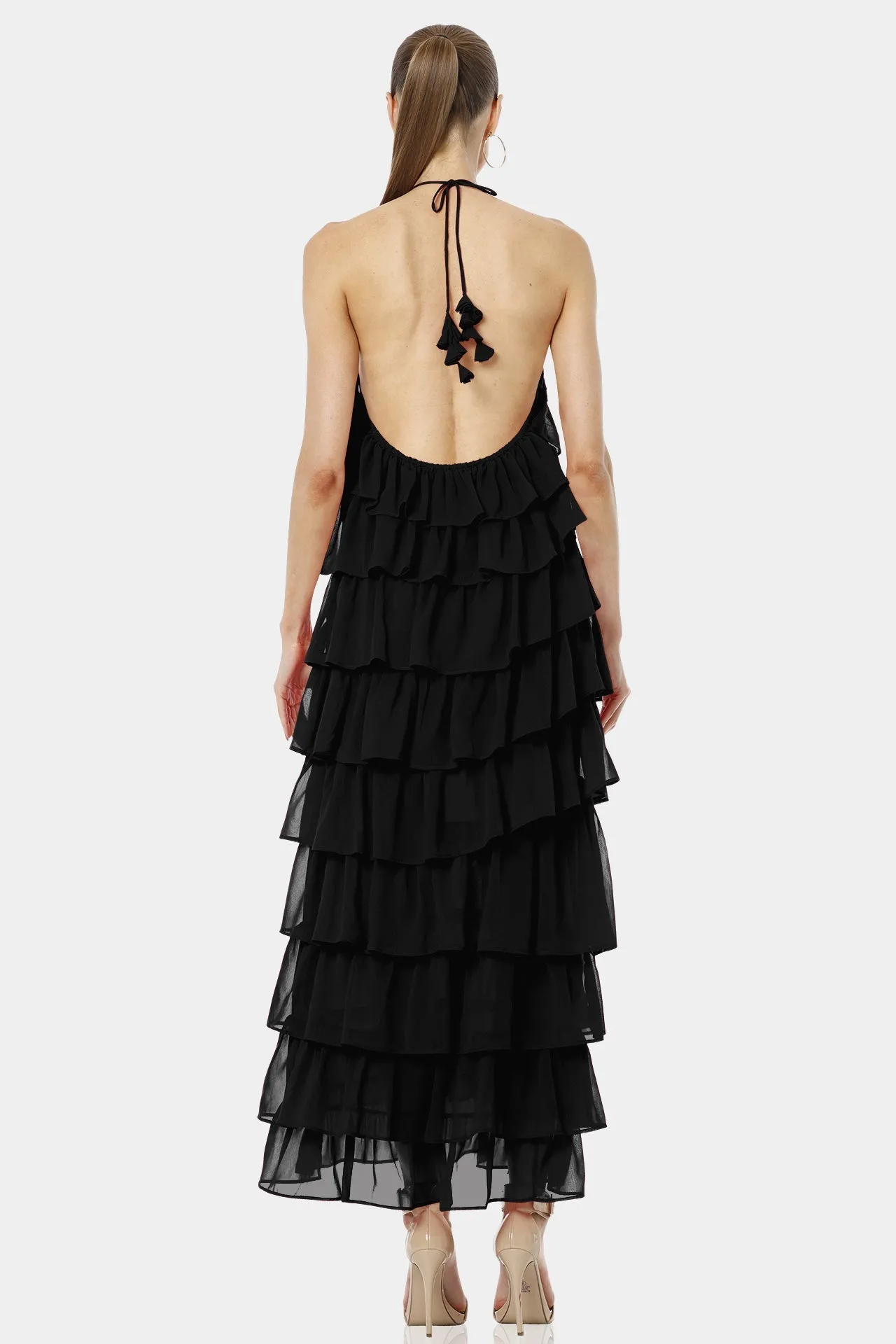 Atalanta Black Long Backless Tiered Ruffle Dress