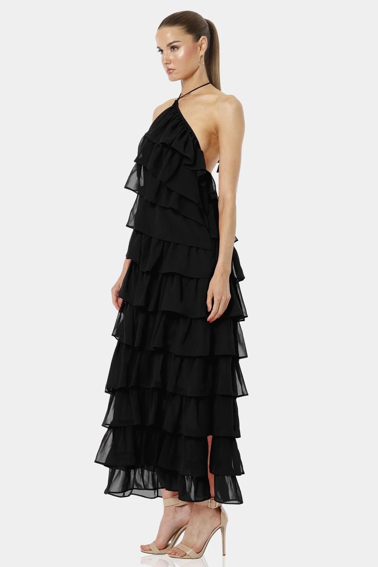 Atalanta Black Long Backless Tiered Ruffle Dress