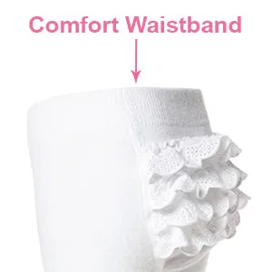 Baby girl ruffle bottom tights with sewn-in black shoe design.  Anti-slip soles. 0-6 months