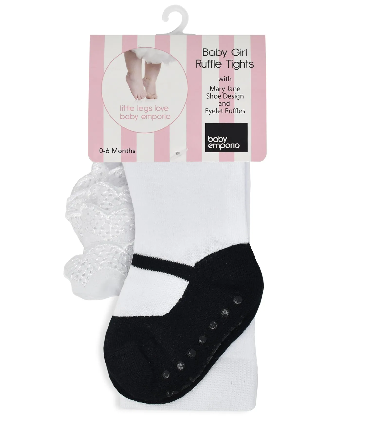 Baby girl ruffle bottom tights with sewn-in black shoe design.  Anti-slip soles. 0-6 months