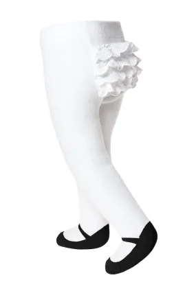 Baby girl ruffle bottom tights with sewn-in black shoe design.  Anti-slip soles. 0-6 months
