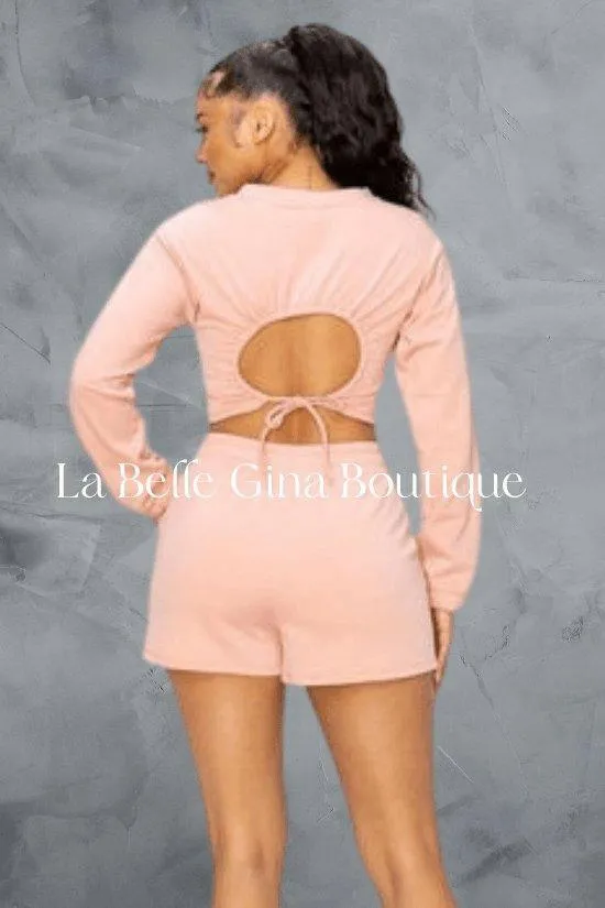 BENI long sleeves with cuffed hem round neck short set.
