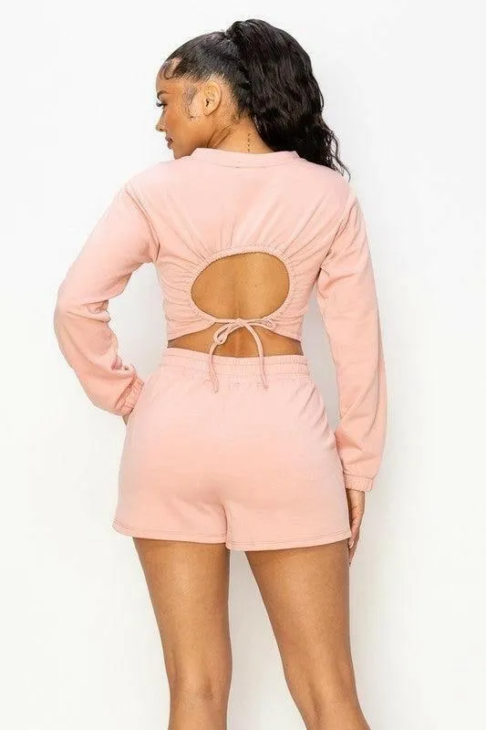 BENI long sleeves with cuffed hem round neck short set.