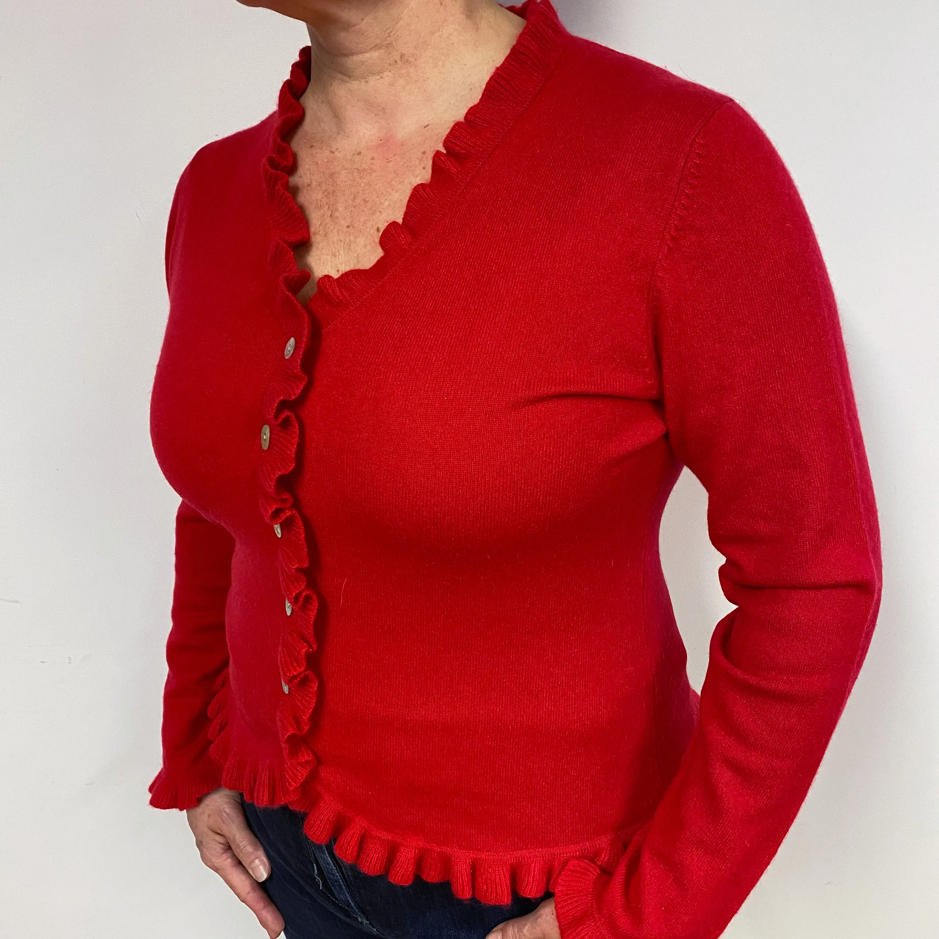 Berry Red Cashmere Frill Trimmed Cardigan Large