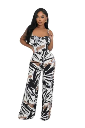 Black & Brown Tropical Print Ribbed Jumpsuit