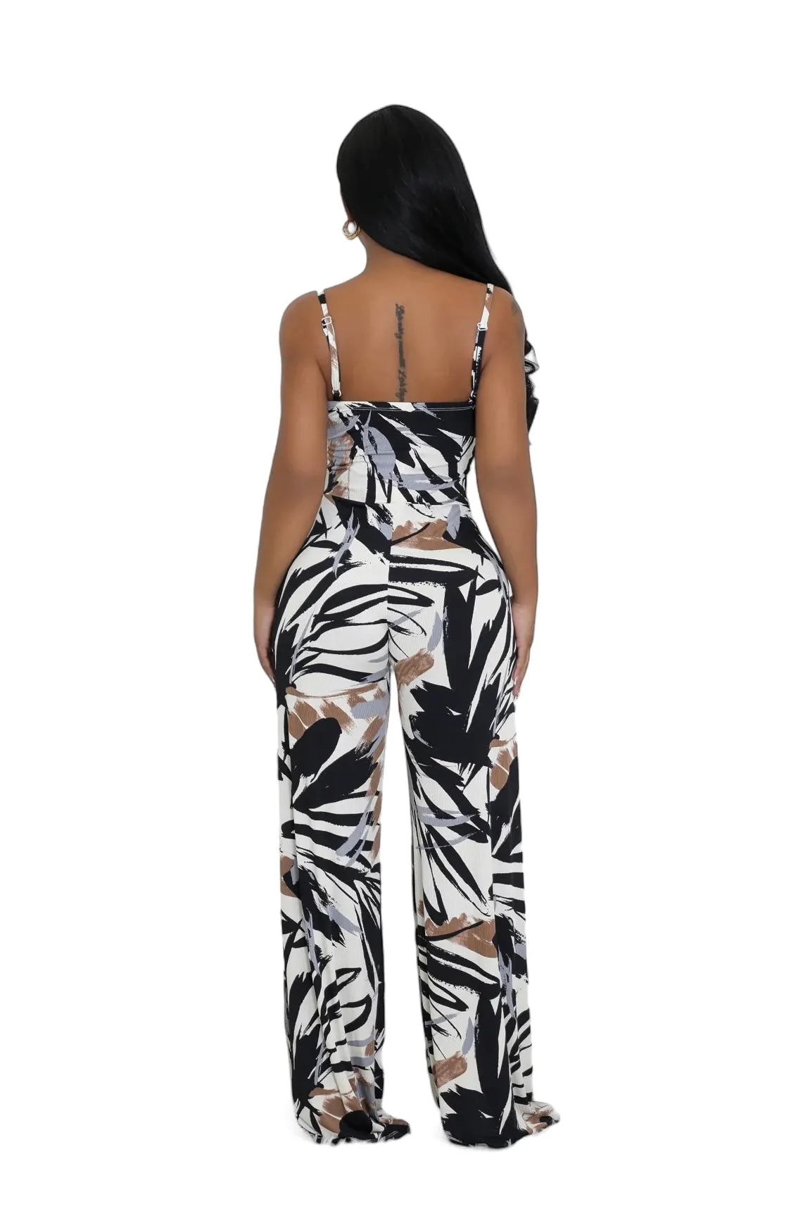 Black & Brown Tropical Print Ribbed Jumpsuit