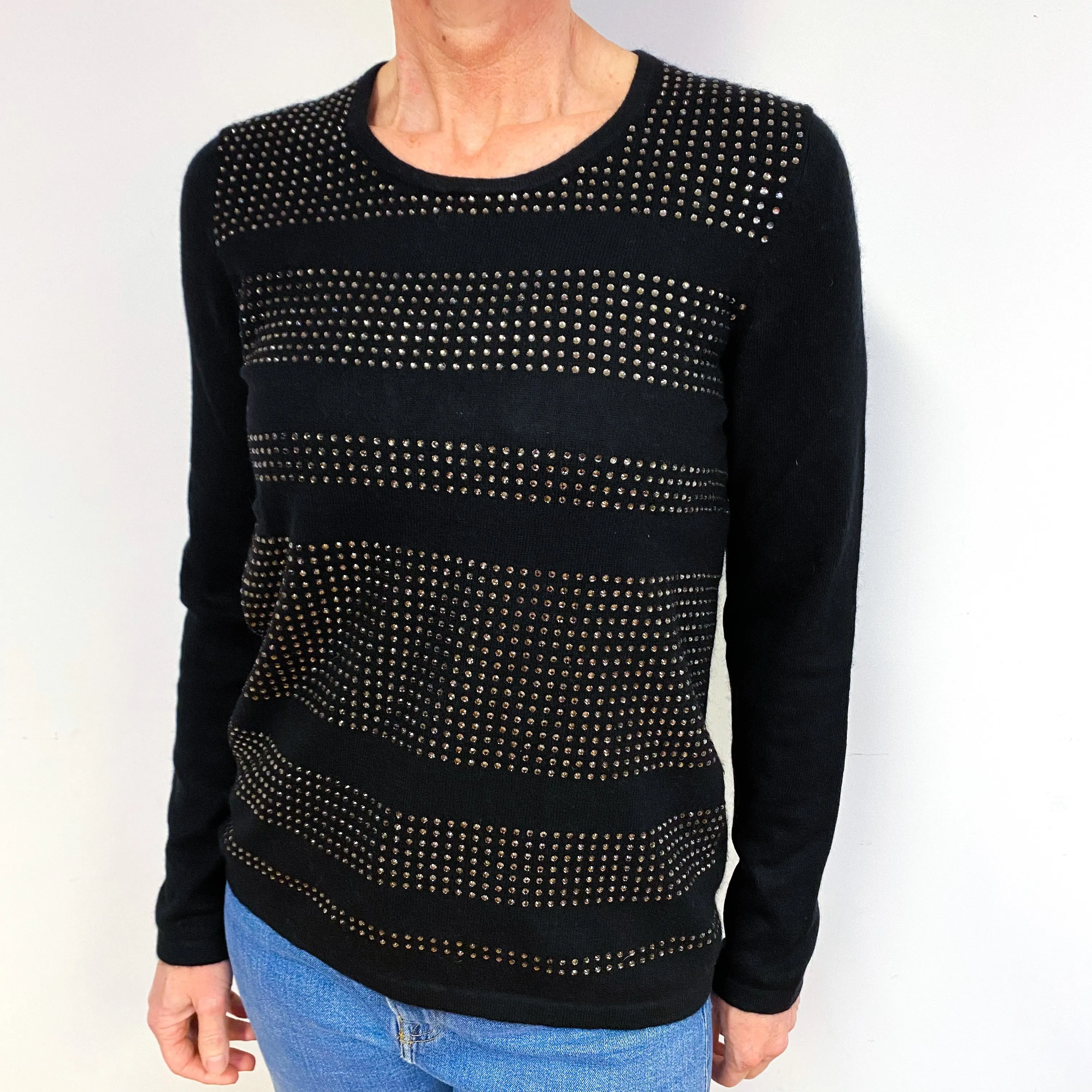 Black Diamanté Cashmere Crew Neck Jumper Medium