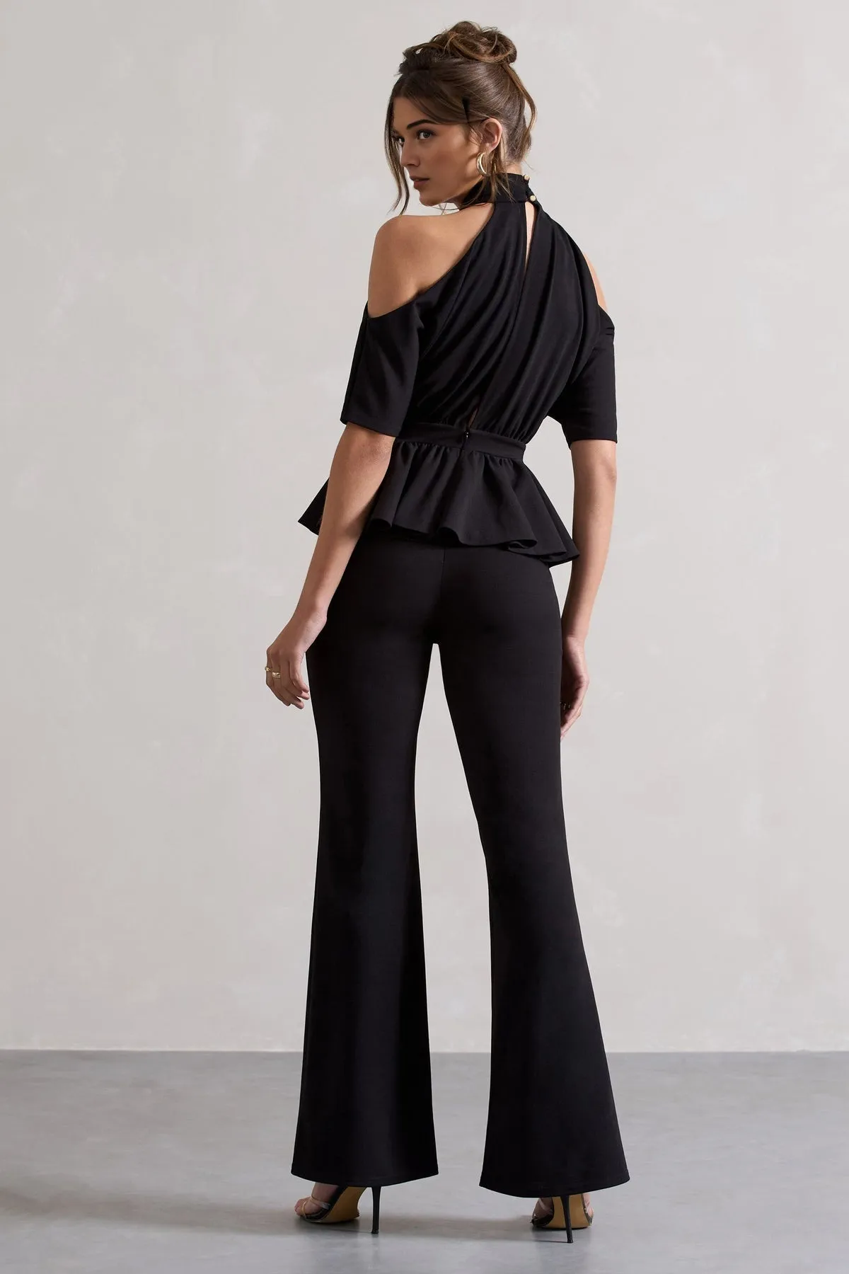 Black High-Neck Jumpsuit with Cut-Out and Peplum Waist