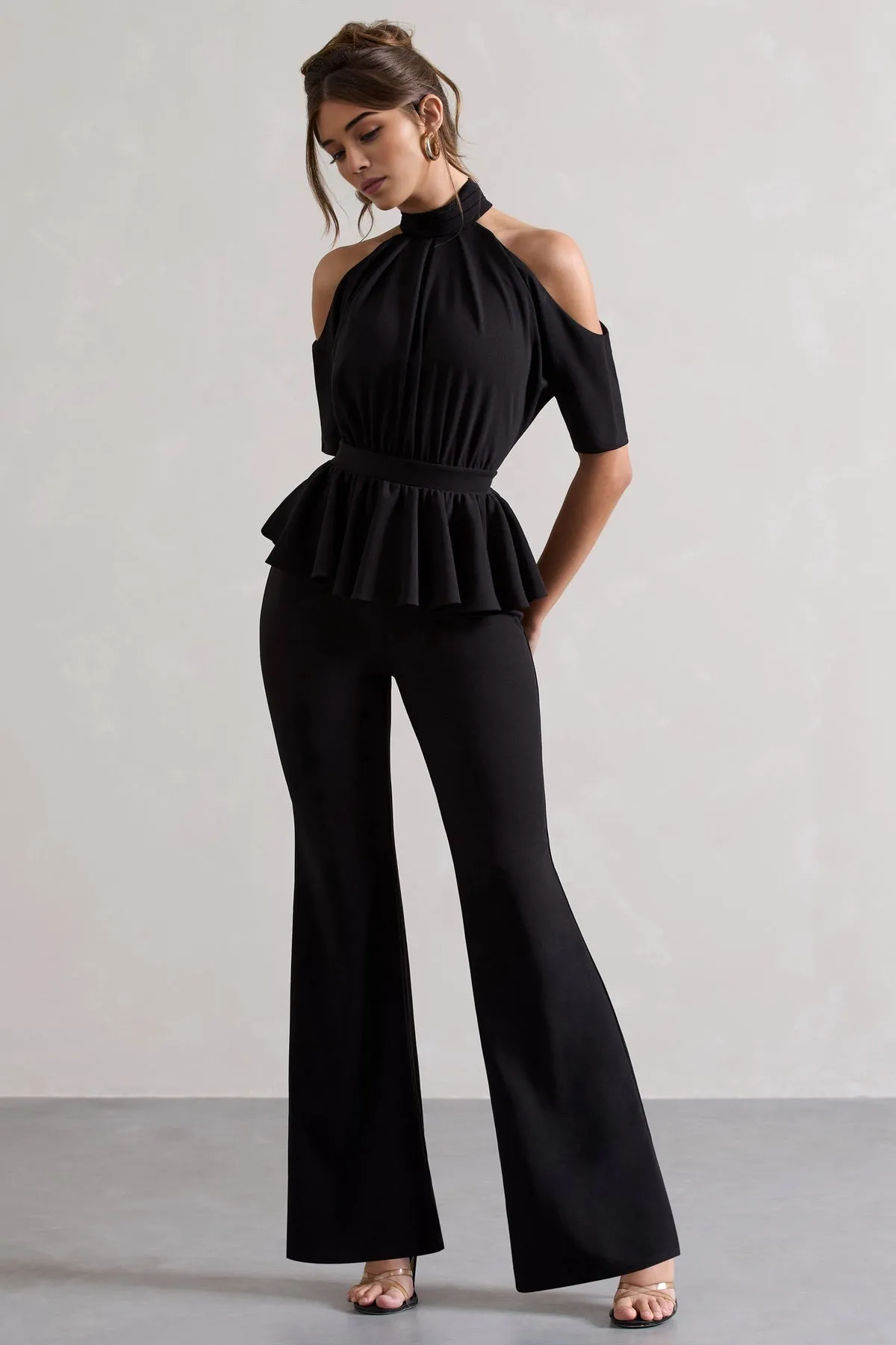Black High-Neck Jumpsuit with Cut-Out and Peplum Waist