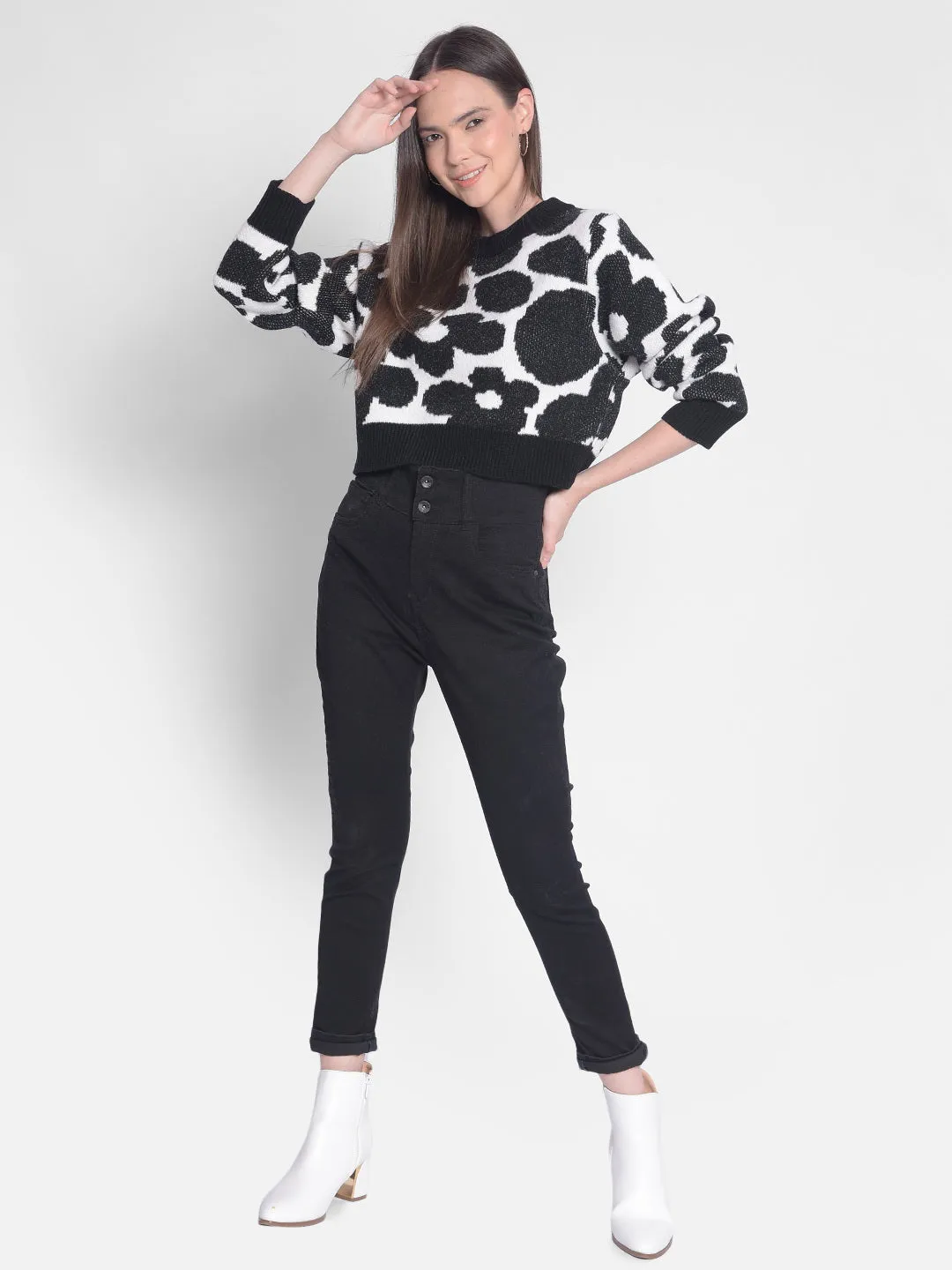 Black Printed Crop Length Sweater