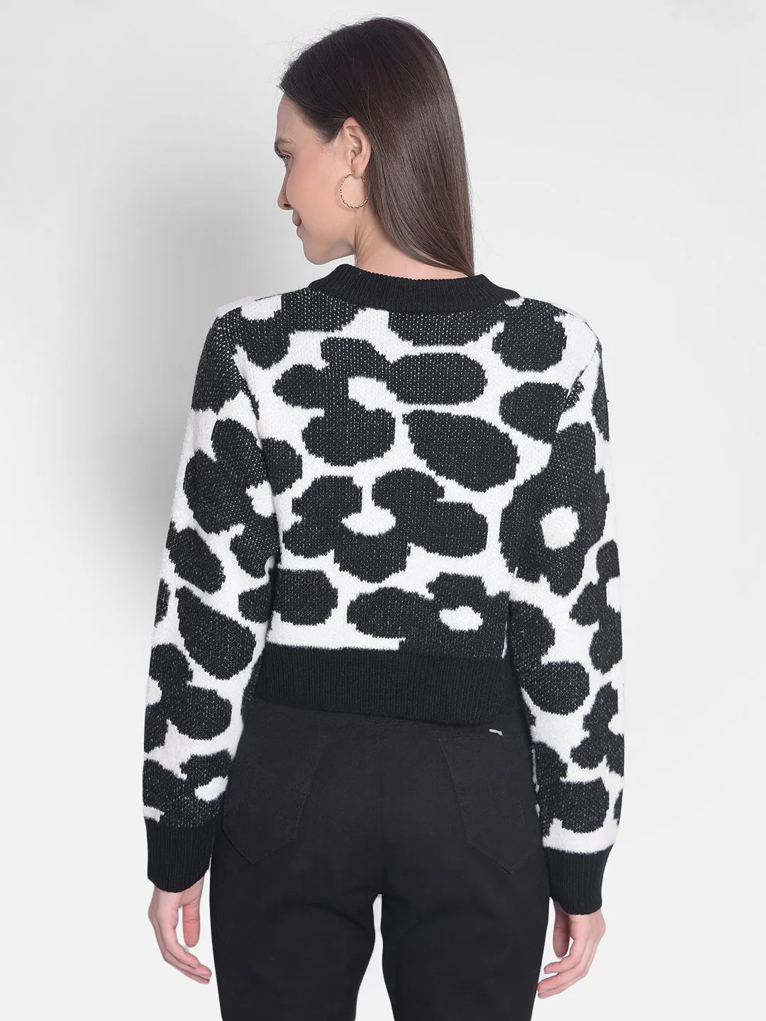 Black Printed Crop Length Sweater