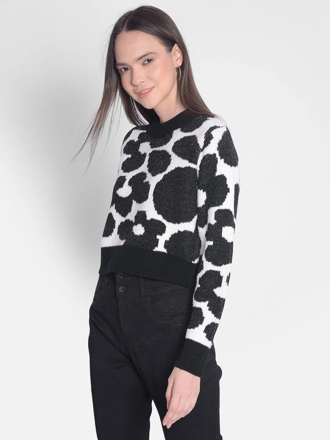 Black Printed Crop Length Sweater