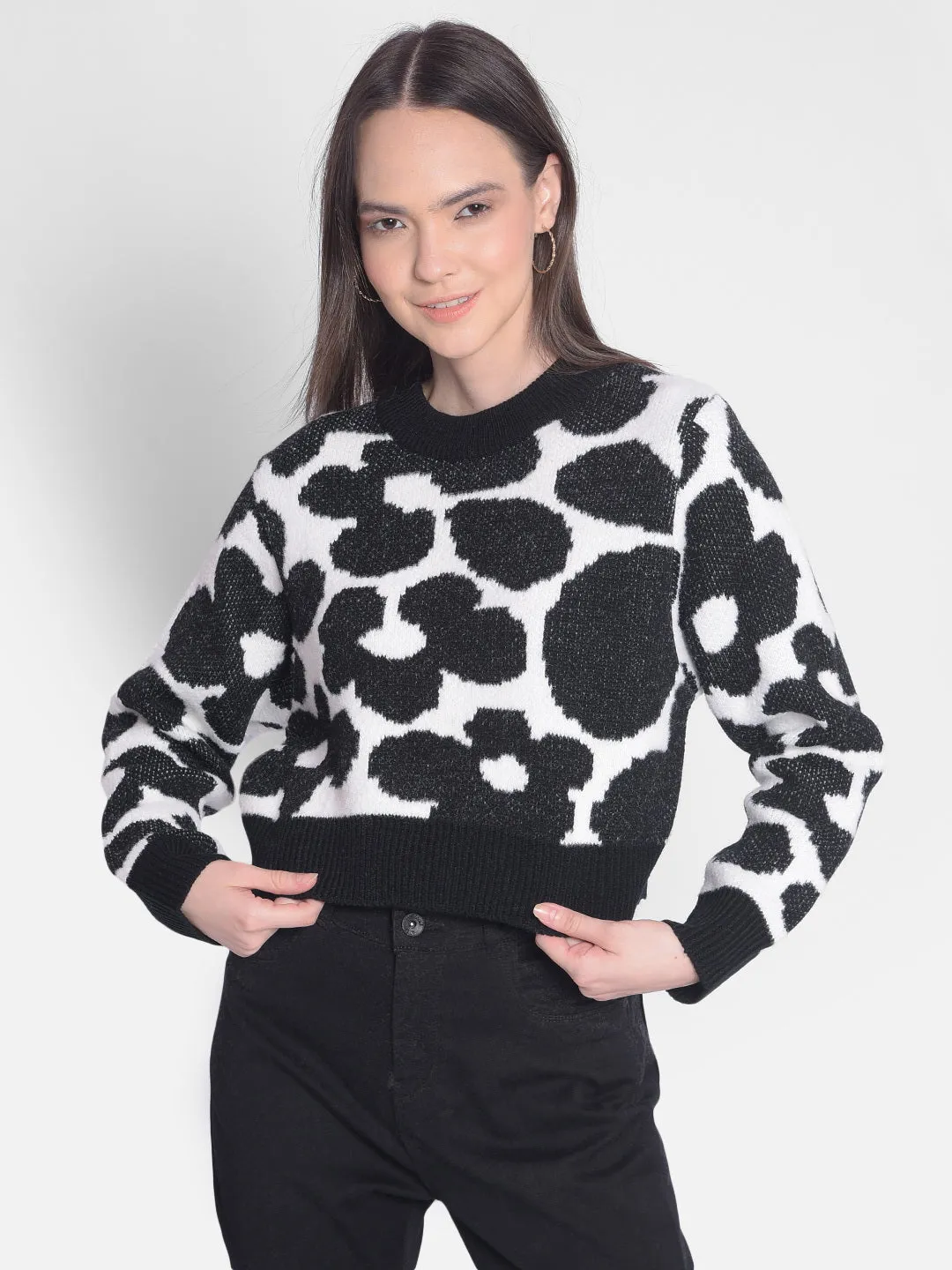Black Printed Crop Length Sweater