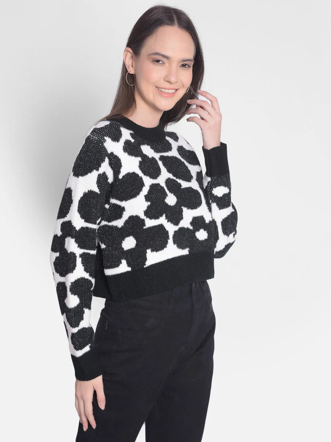 Black Printed Crop Length Sweater