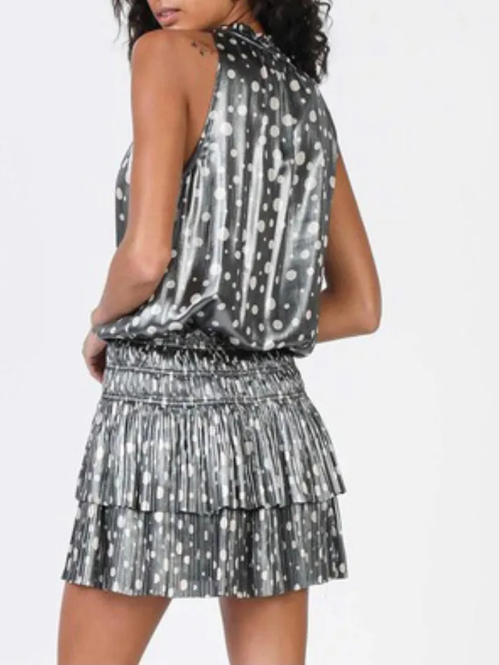 Black Silver Dotted Smocked Short Dress