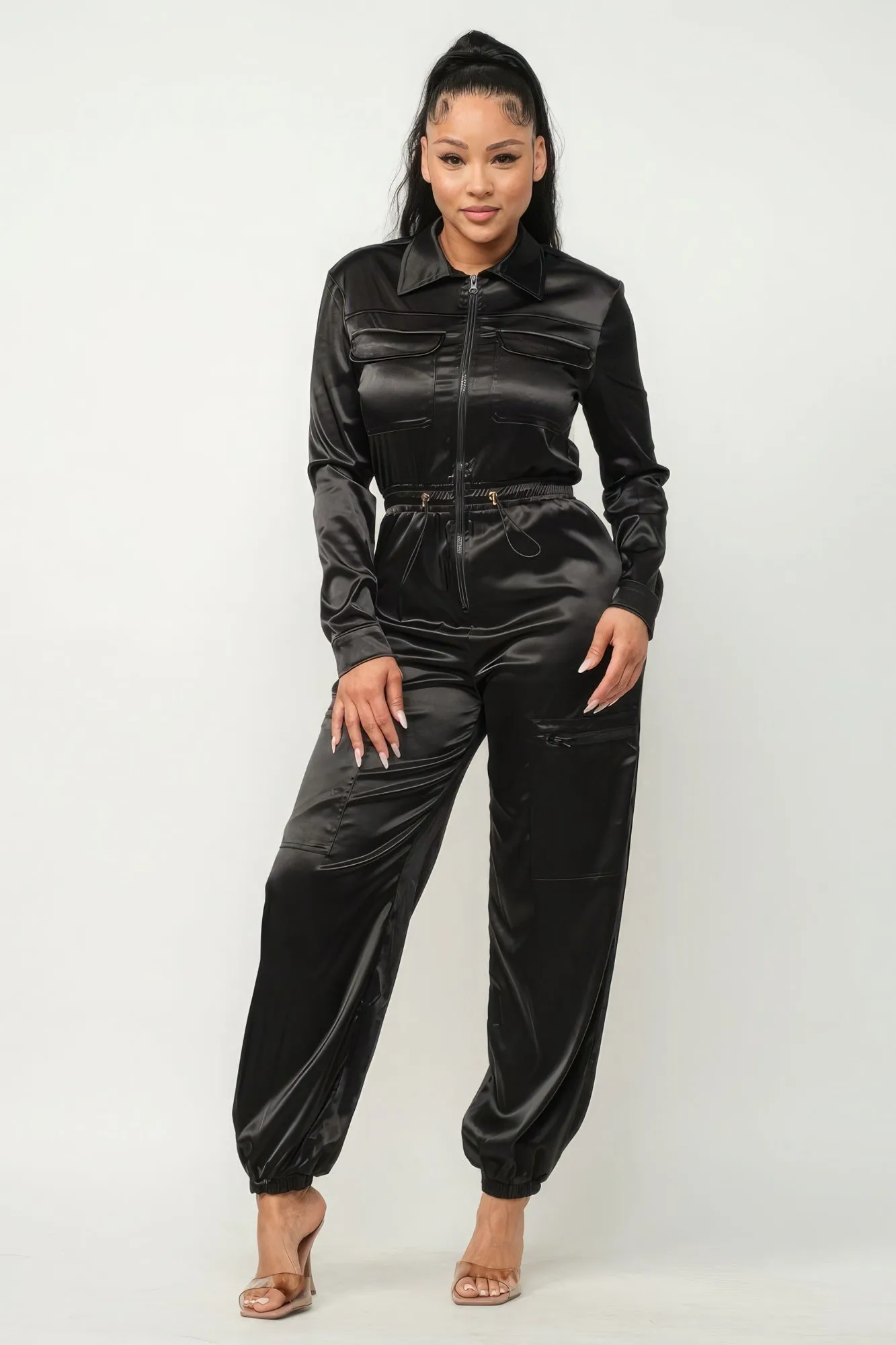 Blue Zone Planet |  Front Zipper Pockets Top And Pants Jumpsuit
