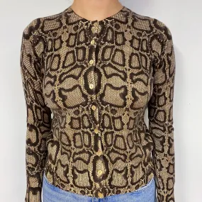 Brown Snake Print Cashmere Crew Neck Cardigan Small