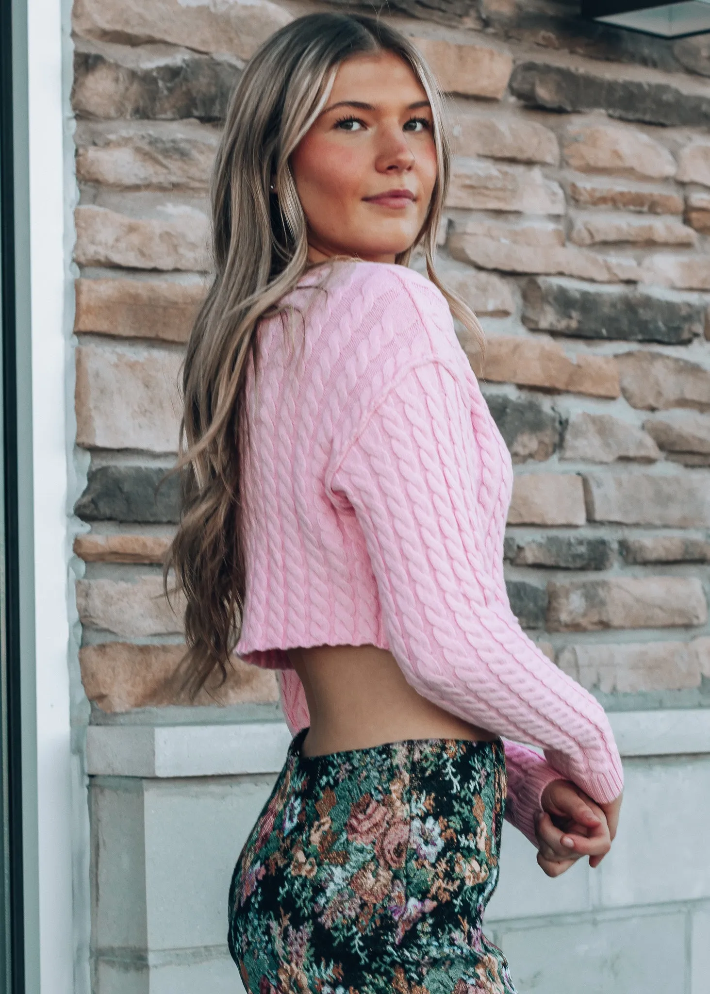 Bubblegum Cable Knit Crop Sweater