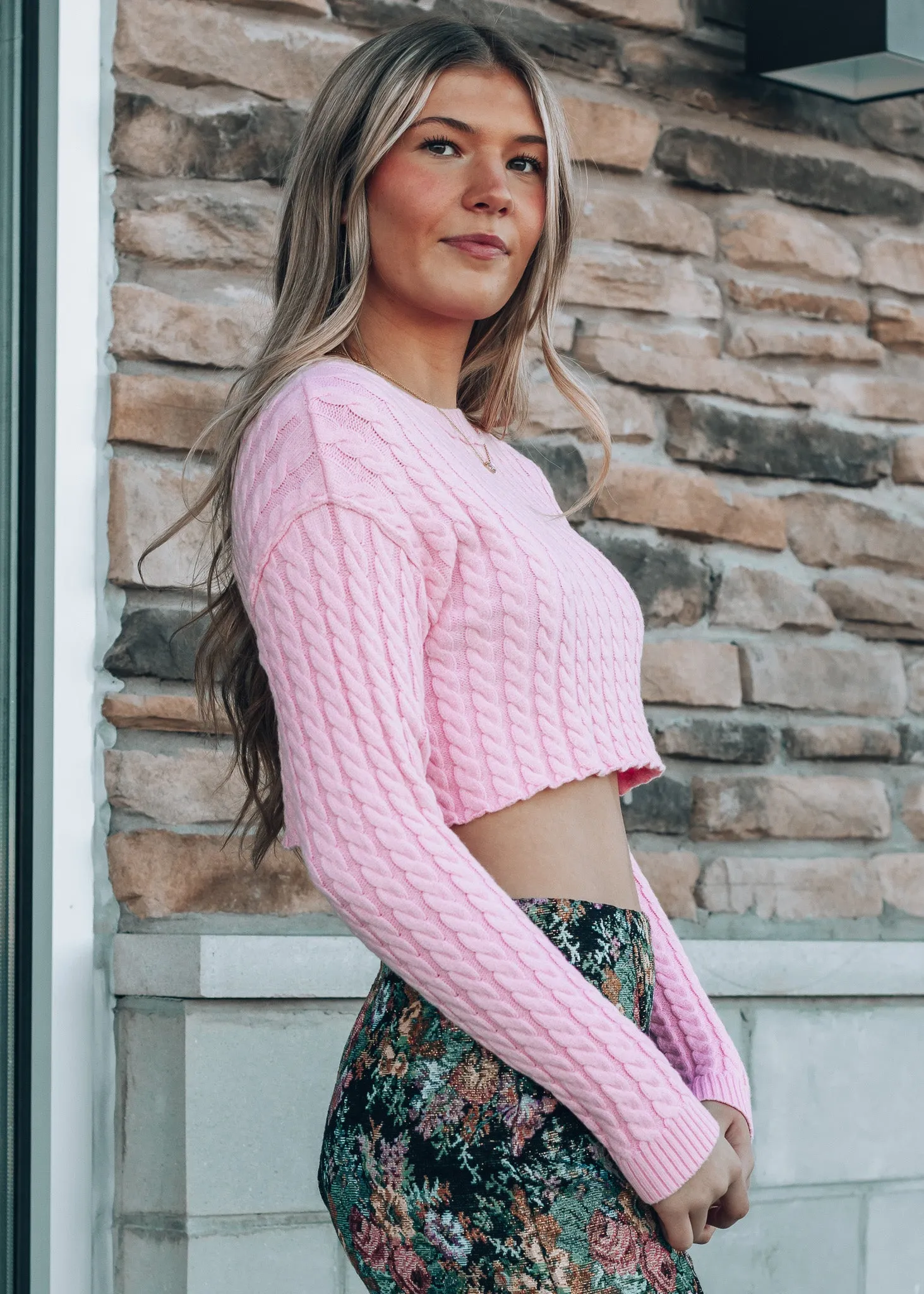 Bubblegum Cable Knit Crop Sweater