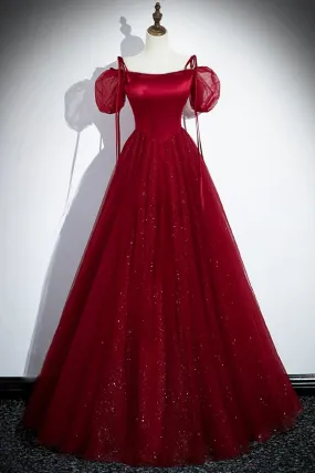 Burgundy Satin and Shiny Tulle Floor Length Prom Dress, A-Line Formal Evening Dress