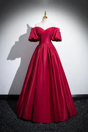 Burgundy Satin Floor Length A-Line Prom Dress, Off the Shoulder Evening Party Dress