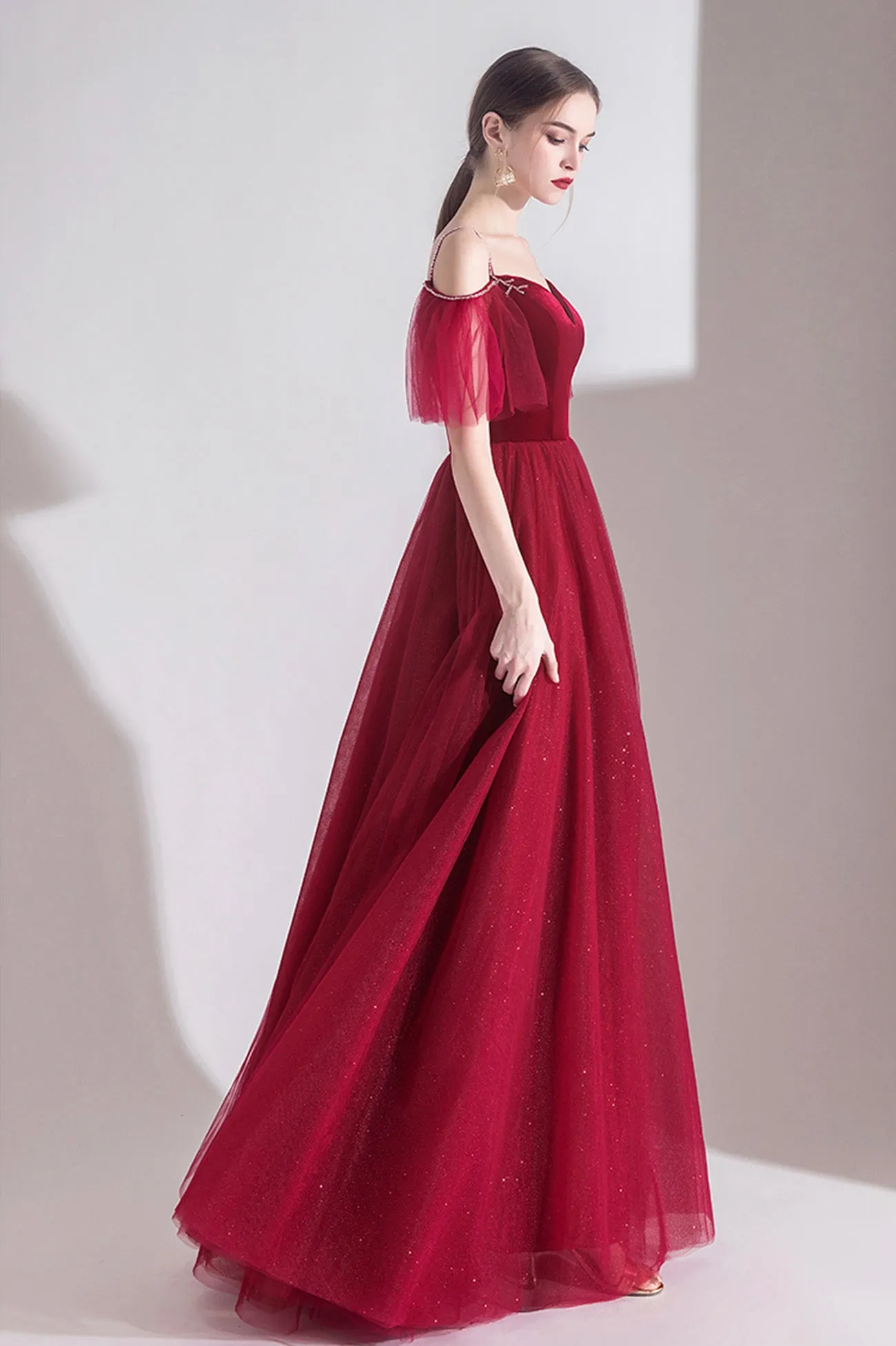 Burgundy Velvet Tulle Long A-Line Prom Dress, V-Neck Evening Dress