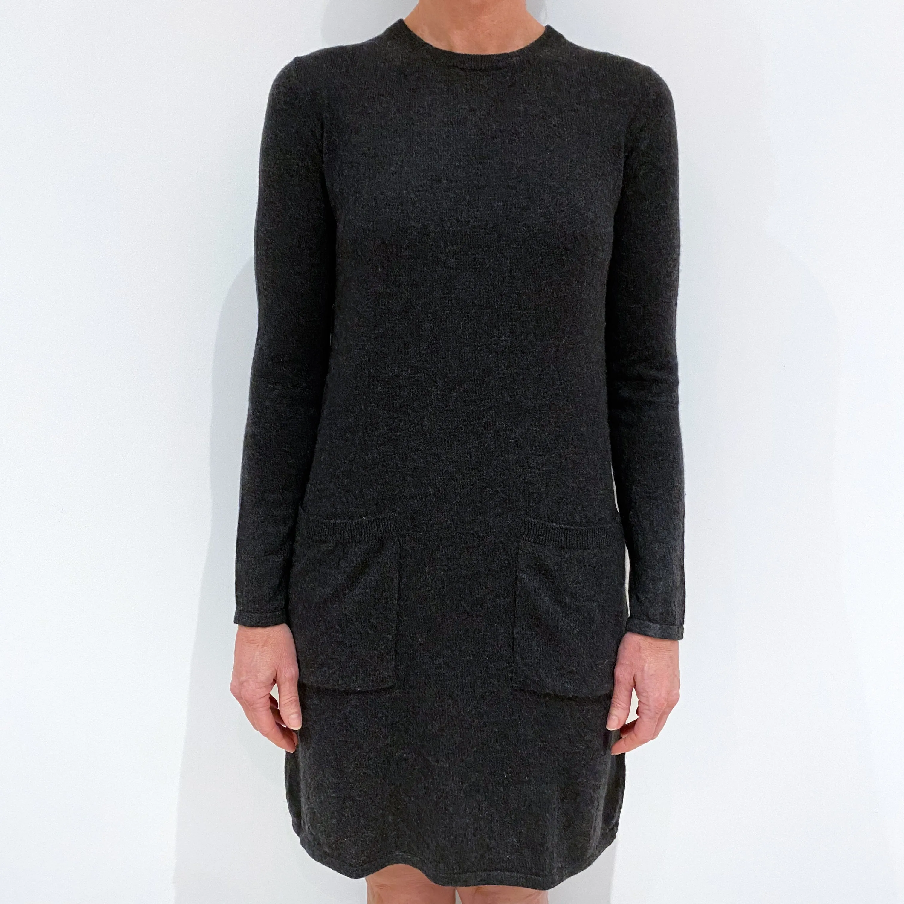 Charcoal Grey Cashmere Crew Neck Dress with Pockets Small