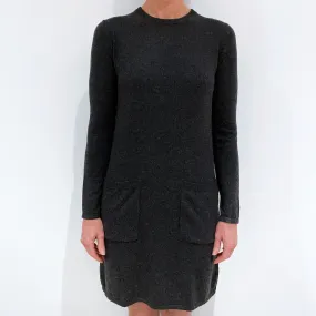 Charcoal Grey Cashmere Crew Neck Dress with Pockets Small