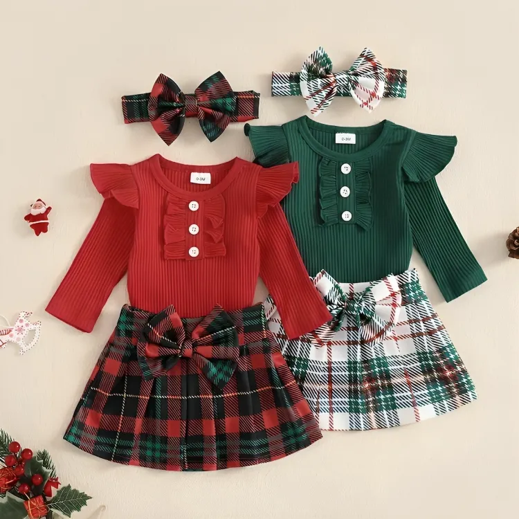Christmas Plaid Pleated Mini Skirt Set