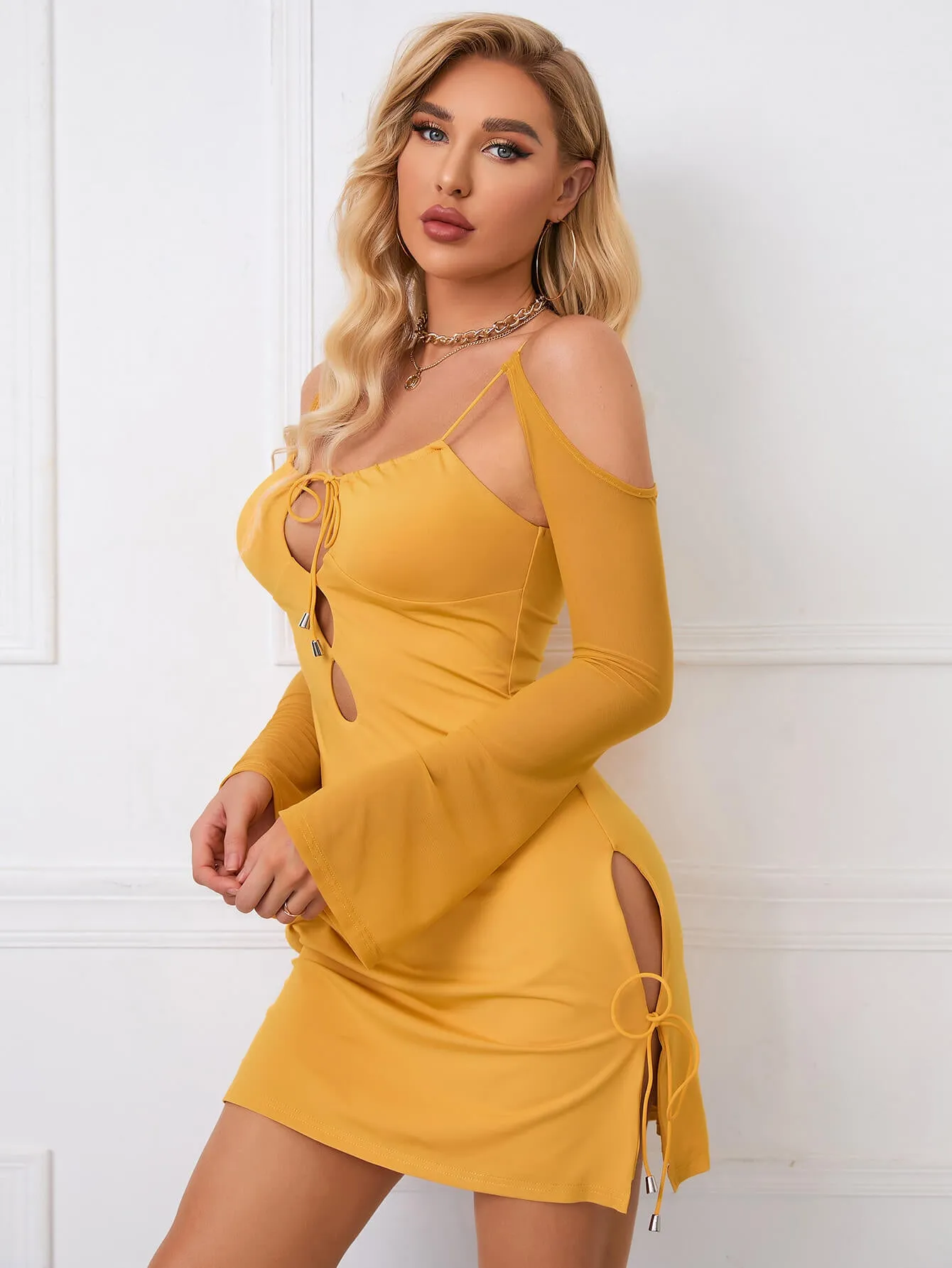 Cold Shoulder Lace Up Cut Out Dress